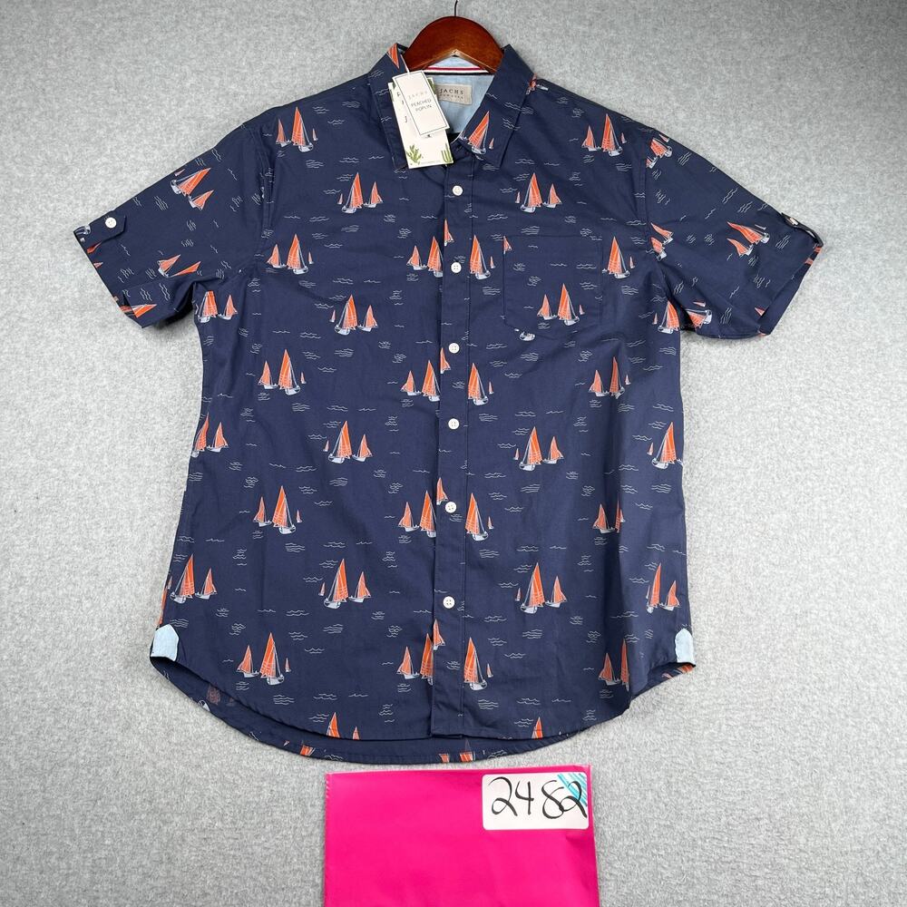 Jachs Shirt L Navy Blue Sail Boat Print Casual Button Up Short Sleeve New NWT